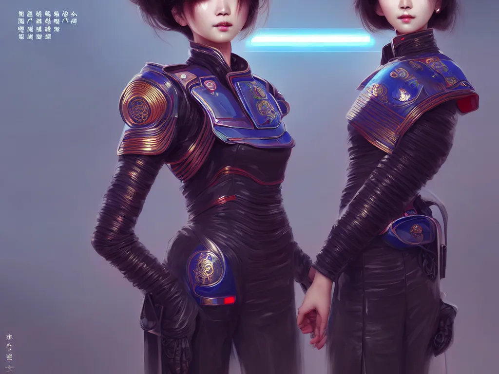 Image similar to portrait futuristic china police uniform female, at future neon light rooftop, ssci - fi and fantasy, intricate and very very beautiful and elegant, highly detailed, digital painting, artstation, concept art, smooth and sharp focus, illustration, art by tan zi and ayanamikodon and alphonse mucha and wlop