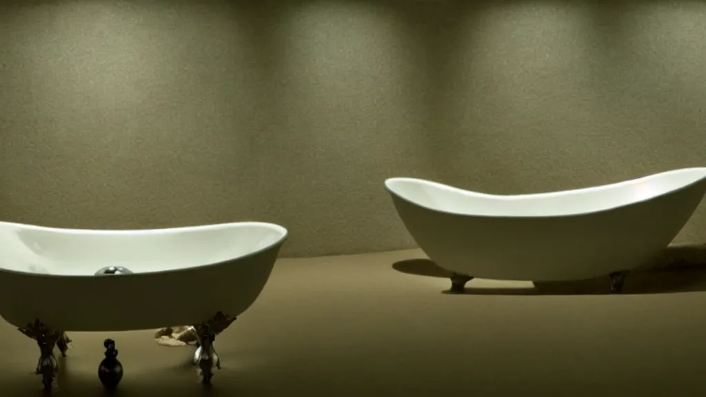 Image similar to the strange creature in a bathtub, makes the water float, film still from the movie directed by Denis Villeneuve with art direction by Salvador Dalí, wide lens