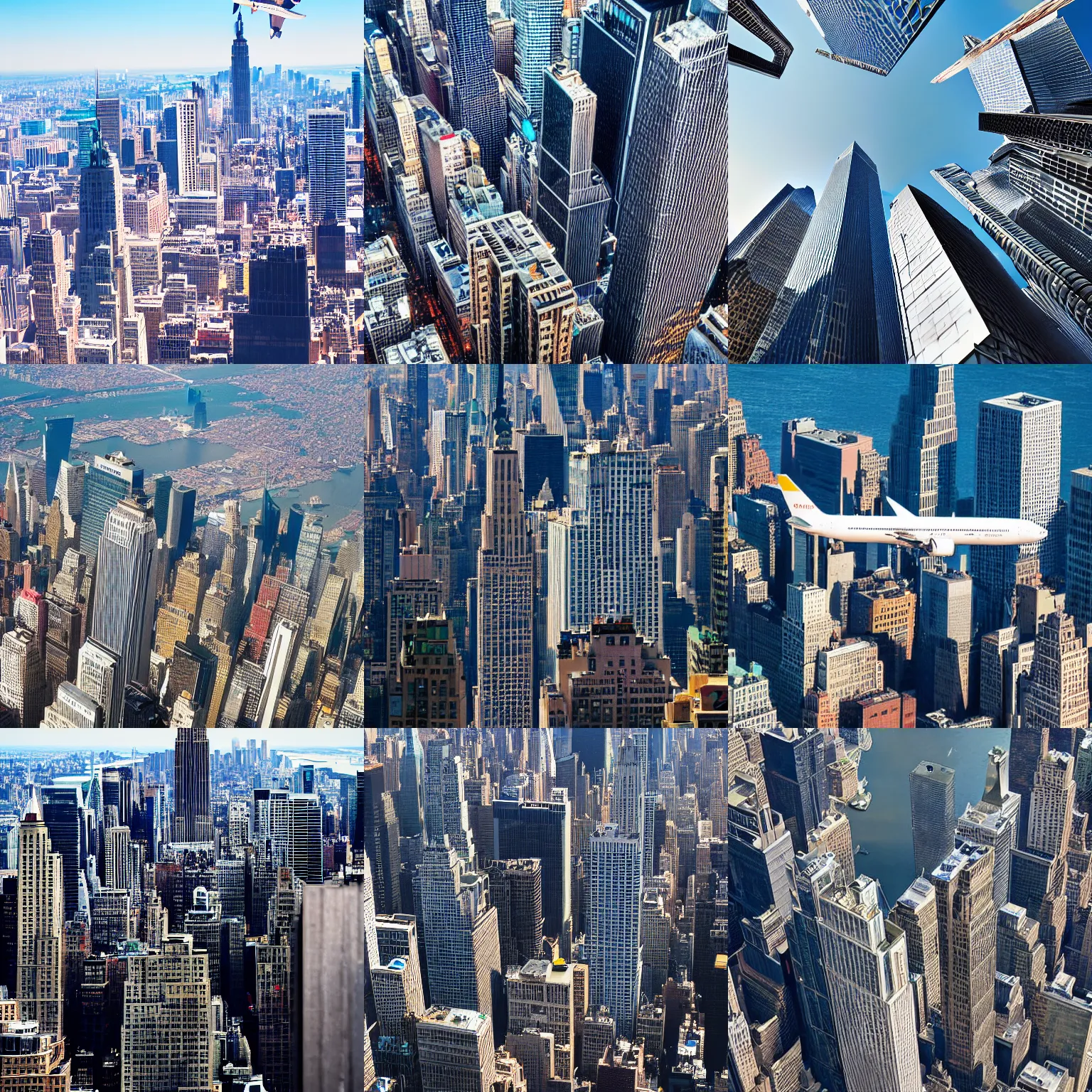 Prompt: award winning photo of an airliner flying between two skyscrapers, centered in the photo, new york city, 5 0 mm