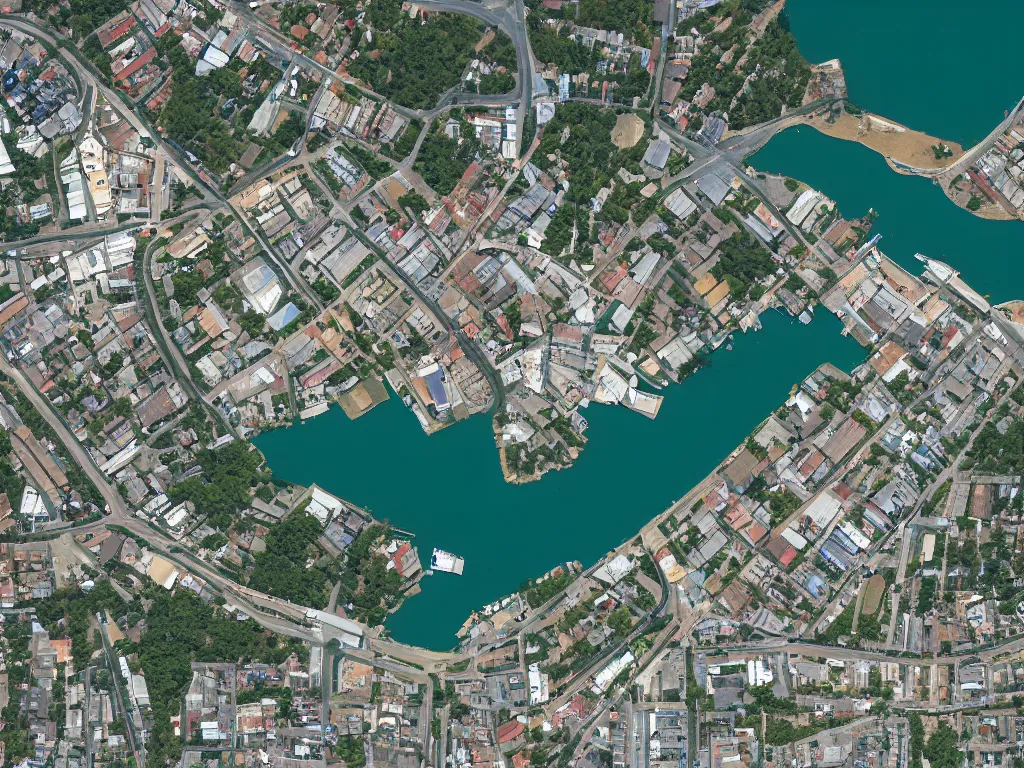 Image similar to satellite imagery of a small city with shops, shipping dock, and beach to the south. a bridge crosses a big lake, with a town hall, marketplace, and towers to the north. there is a field in the middle of the city. small hills and woods north of the city