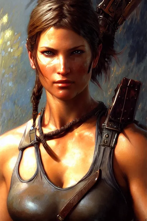 Image similar to muscular sweat lara croft wearing final fantasy armor, exhausted face close up, highly detailed painting by gaston bussiere, craig mullins, j. c. leyendecker 8 k