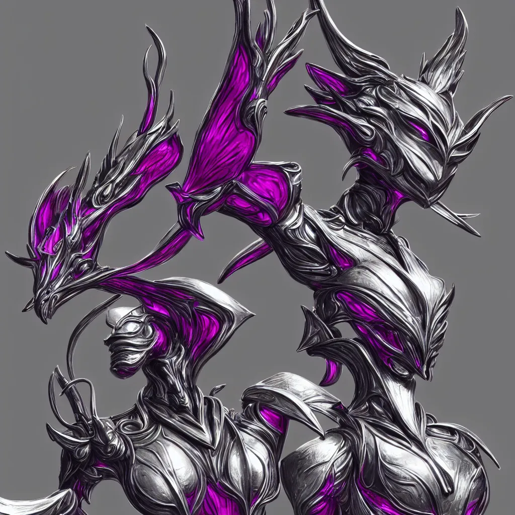 Image similar to extremely detailed bust shot of a goddess that's a giant beautiful stunning anthropomorphic robot female dragon, standing majestically over mountains, elegant pose, streamlined shiny silver metal armor, fuchsia skin below the armor, sharp metal claws, long elegant tail, detailed warframe fanart, high quality digital art, giantess art, furry art, warframe art, furaffinity, DeviantArt, 8k HD, octane render