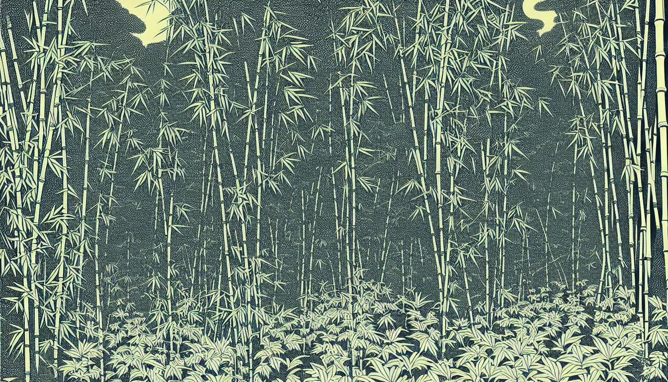 Prompt: bamboo and fern forest by woodblock print, nicolas delort, moebius, victo ngai, josan gonzalez, kilian eng