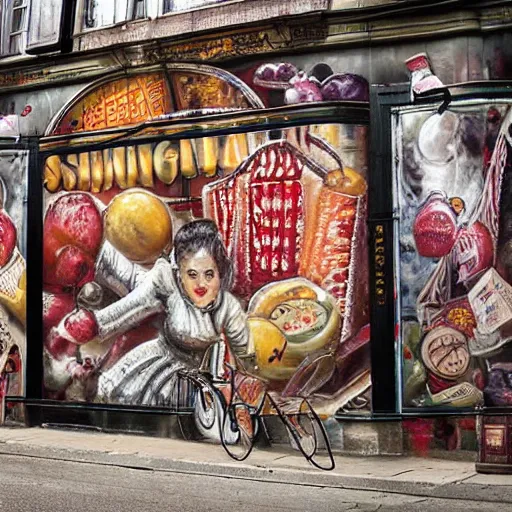 Image similar to by reginald marsh eclectic sangria. a street art of a city made entirely out of kulich, a traditional russian easter bread. the city is bustling with activity. the street art is playful & whimsical, with a touch of magic.
