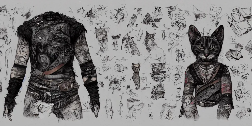 Prompt: tattooed cat, wearing scratched and ripped leather shorts and a short jacket full of stamps and stitches, character sheet, fine details, concept design, contrast, kim jung gi, greg rutkowski, trending on artstation, 8 k, full body, turnaround, front view, back view, ultra wide angle