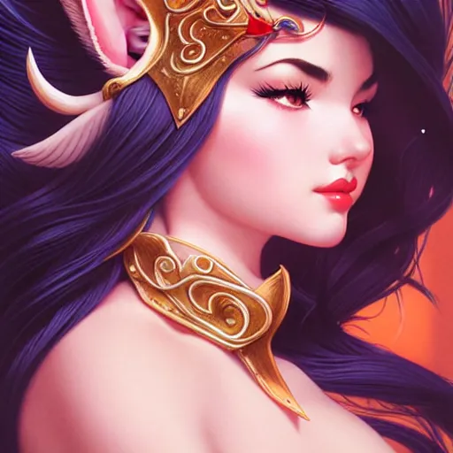 Image similar to head and shoulders portrait of Ahri of League of Legends illustration, medium shot, intricate, elegant, highly detailed, digital art, ffffound, art by gil elvgren and sachin teng