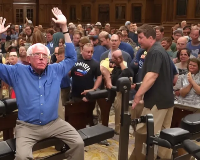 Prompt: bernie sanders bench-pressing 200 lb weights in senate chambers