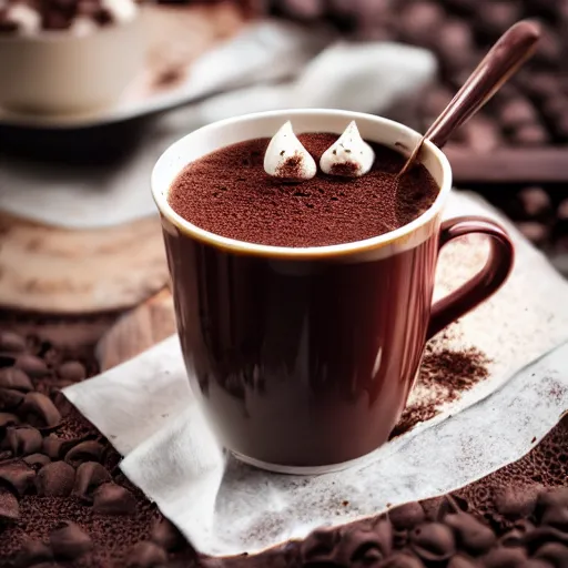 Image similar to hot chocolate photography, front angle, styled food photography, 4 k,