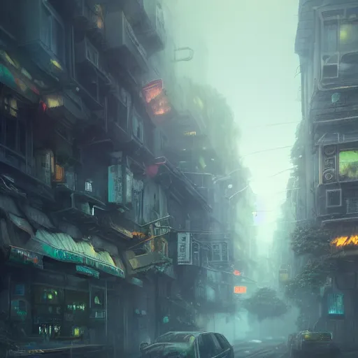 Image similar to overgrown city street atmospheric, kodak, fuji film, photoreal, 12k ursa, volumetric light, cinematic photograph concept art, intricate, artstation, studio ghibli, eddie mendoza, james chadderton