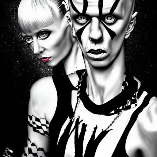 Image similar to black and white zeff art style die antwoord photo realistic