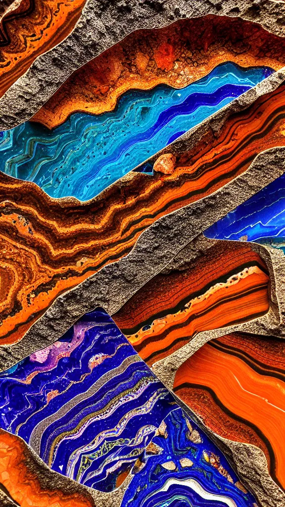 Prompt: macro photography, vivid color, folded, tessellated planes and shelves of rock, alien sedimentary crystal formations, quartzite, igneous rock, marbled veins, 3D!!! diorama!!!!!!, depth of field patina of inlaid circuitry, layers of strata, mineral grains, dramatic lighting, rock texture, sand by James jean, geology, octane render in the style of Luis García Mozos