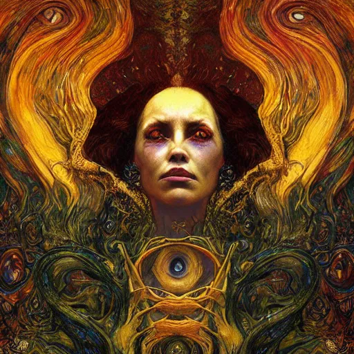 Image similar to Visions of Hell by Karol Bak, Jean Deville, Gustav Klimt, and Vincent Van Gogh, nightmare portrait, infernal, visionary, otherworldly, fractal structures, ornate gilded medieval icon, third eye, hellfire, spirals