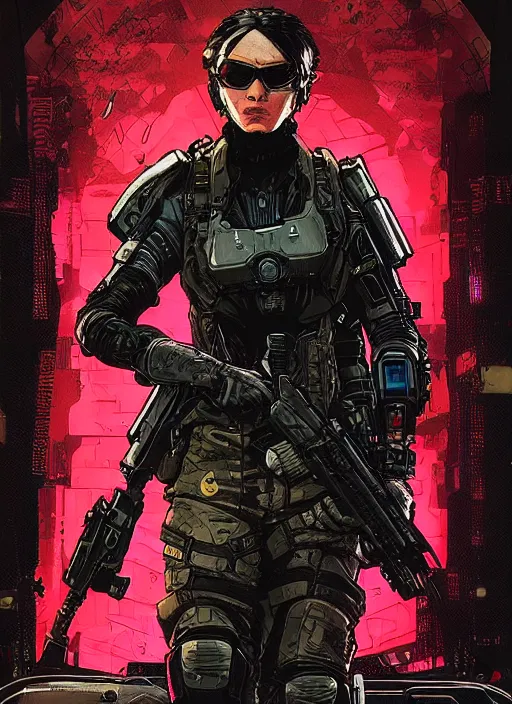 Prompt: cyberpunk blackops spy. night vision. portrait by ashley wood and alphonse mucha and laurie greasley and josan gonzalez and james gurney. spliner cell, apex legends, rb 6 s, hl 2, d & d, cyberpunk 2 0 7 7. realistic face. dystopian setting.