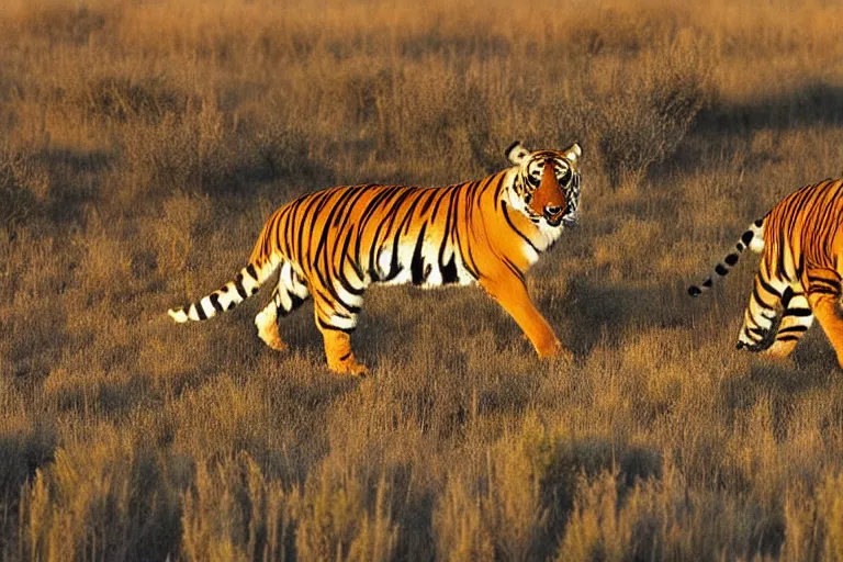 Image similar to antelope hunting a tiger, golden hour, 6 0 0 mm, wildlife photo, national geographics