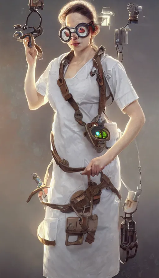 Image similar to crazy inventor, sweaty, white dity apron, goggles, insane, intricate, highly detailed, digital painting, artstation, concept art, smooth, sharp focus, illustration, Unreal Engine 5, 8K, art by artgerm and greg rutkowski and alphonse mucha