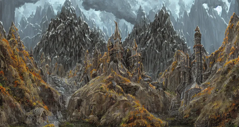 Image similar to Masterfully painted mspaint art piece of middle-earth's 'Mines of Moria' painted by Makoto Shinkai and Studio Ghibli. View from underground within ancient dwarven mining equipment and architecture. Amazing beautiful incredible wow awe-inspiring fantastic masterpiece gorgeous fascinating glorious great.