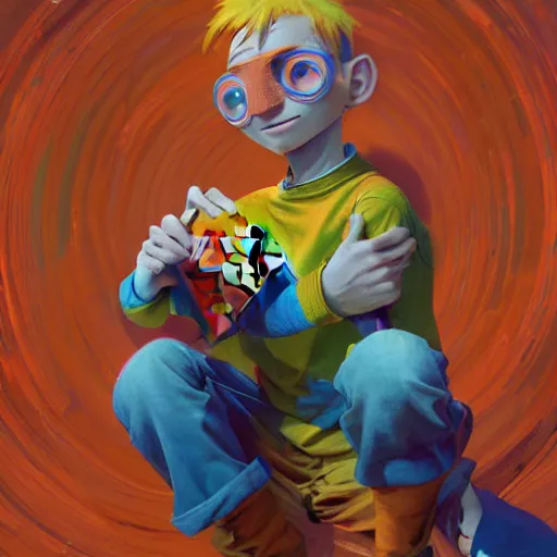 Image similar to a skinny young man with orange hair and glowing orange eyes as a super hero, pixar cute, highly detailed, sharp focus, neon color, digital painting, floating particles, excitement, artwork by Jeremiah Ketner + Mati Klarwein + Fintan Magee + Chris Mars, background artwork by greg rutkowski