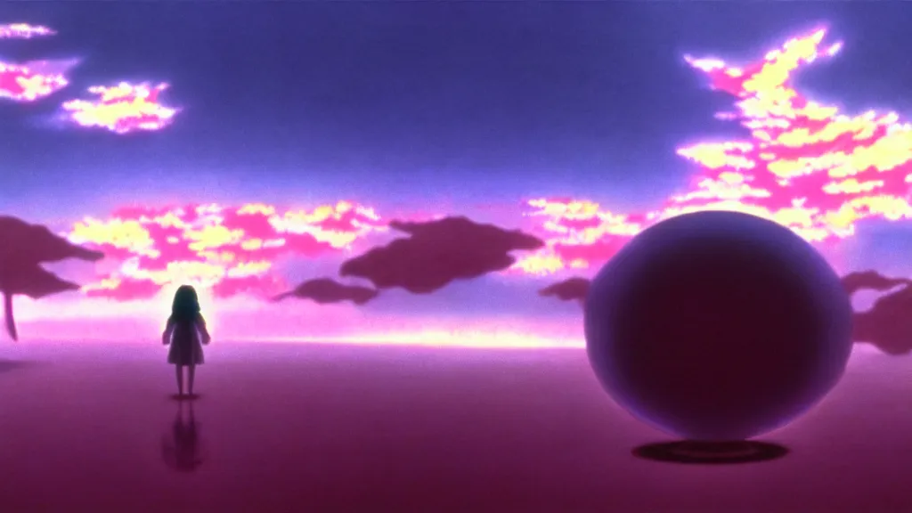 Image similar to volumetric iridescent light, anime film still from the an anime directed by katsuhiro otomo with art direction by salvador dali, wide lens