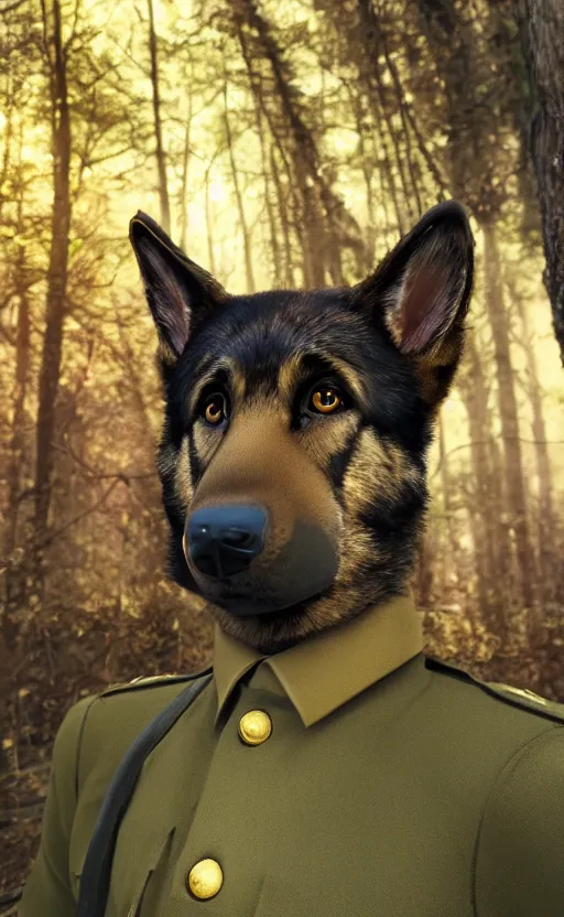 Image similar to close up character portrait icon of the german shepard military uniform head animal person fursona wearing clothes standing in the bright forest, hidari, color page, tankoban, 4 k, tone mapping, akihiko yoshida