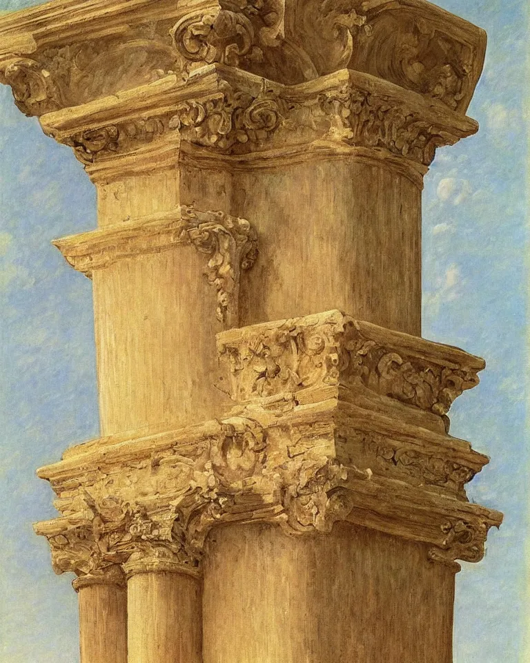 Image similar to achingly beautiful painting of intricate ancient roman corinthian capital on peach background by rene magritte, monet, and turner. giovanni battista piranesi.