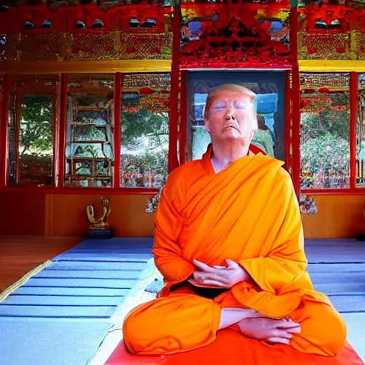 Prompt: a still photograph of Donald Trump meditating in a Buddhist Temple