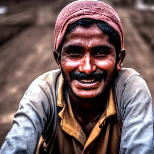 Image similar to a dramatic photograph of worker from india, beautiful smile, cinematic lighting