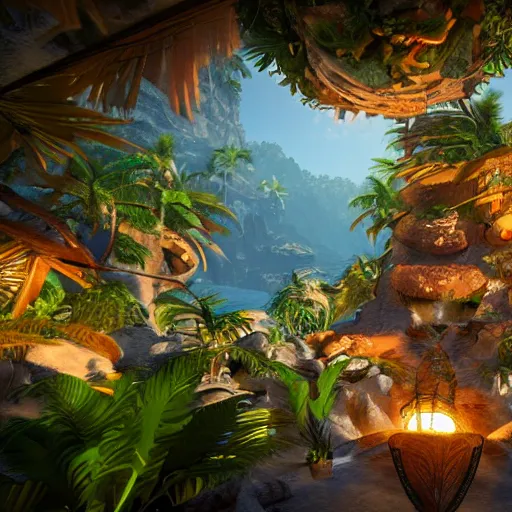 Image similar to a tropical island inside of a treasure chest with ornate details, glow, unreal engine, ultradetailed, trending on artstation, devianart, cgsociety, amazing details