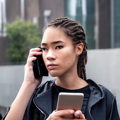 Image similar to candid photographic portrait of a poor techwear mixed young woman using a phone inside a dystopian city, closeup, beautiful garden terraces in the background, sigma 85mm f/1.4, 4k, depth of field, high resolution, 4k, 8k, hd, full color