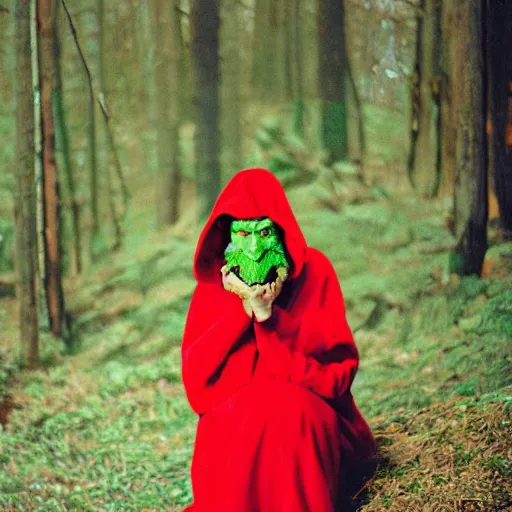 Image similar to woman in red hooded cloak holding a green-horned goblin, kodak vision 3 500t