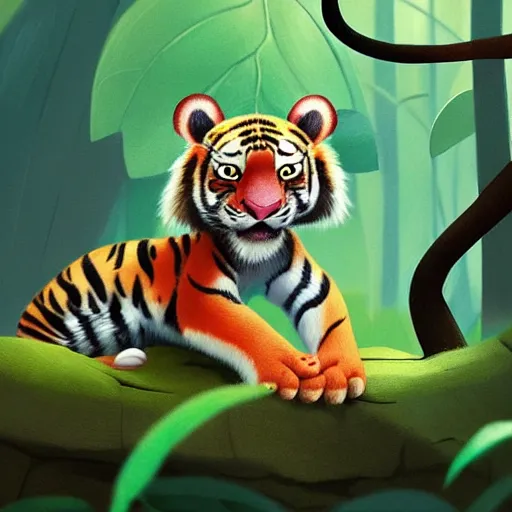 Image similar to goro fujita illustration a young little tiger in the jungle by goro fujita, painting by goro fujita, sharp focus, highly detailed, artstation