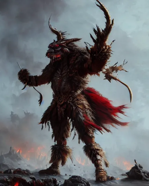 Image similar to oil painting of Angry Anthropomorphized Lama Berserker, wearing fur armor, claws, sharp focus, attack pose, fantasy style, octane render, volumetric lighting, 8k high definition, by greg rutkowski, highly detailed, trending on art Station, magic the gathering artwork, burning Battlefield background, centered