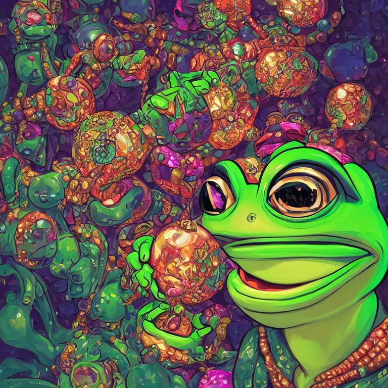 Image similar to maximalist detailed gemstone pepe the frog by adoryanti, machine. delusions, holosomnia, electrixbunny, rendered in discodiffusion. decorated with pearls and gems, behance hd by jesper ejsing, by rhads, makoto shinkai, ilya kuvshinov, rossdraws global illumination ray tracing hdr radiating a glowing aura