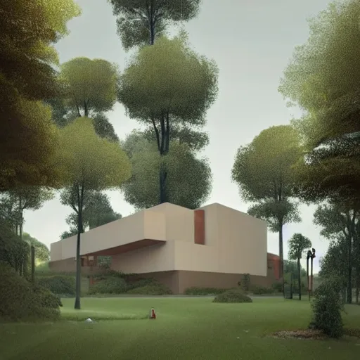 Image similar to modernist beige house built like a rectangular stadium with garden in the middle, on a hill surrounded by big trees, dramatic lighting, artstation, matte painting, raphael lacoste, simon stalenhag, frank lloyd wright, drone view