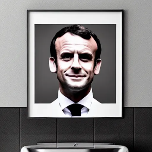 Image similar to toilet with Emmanuel Macron face printed on it, white borders, 50mm photography, high quality, 4K