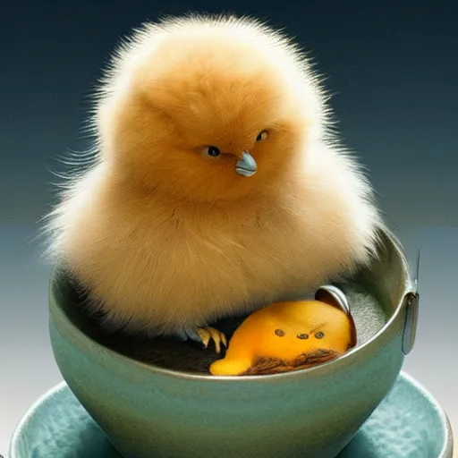 Prompt: long shot of a cute fluffy furry chick nesting in a japanese tea cup, by esao andrews, by m. w. kaluta, humorous illustration, hyperrealistic, tilt shift, warm colors, night scenery, low light, 3 d octane render, 4 k, volumetric lights, smooth, cosy atmosphere, conceptart, hyperdetailed, trending on deviantart