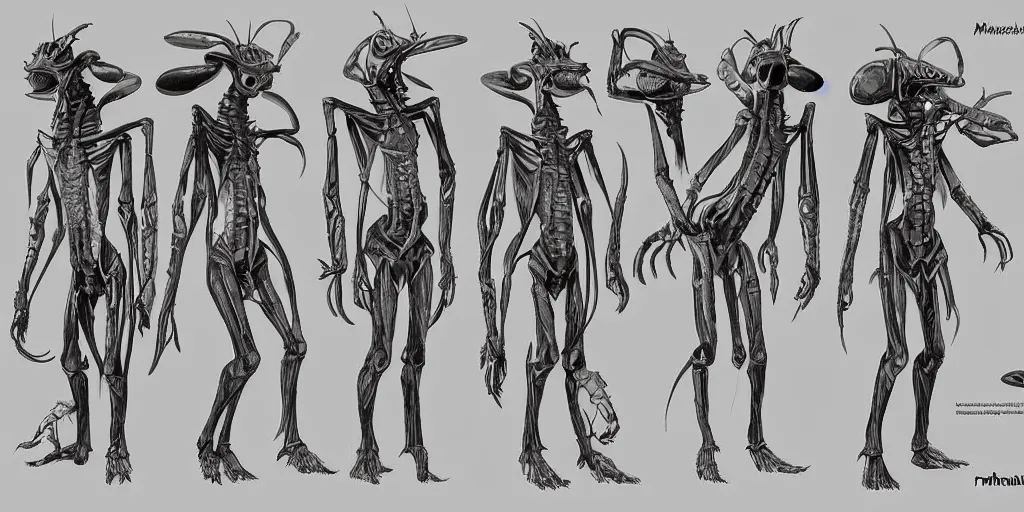 Image similar to a humanoid mantis alien creature, character design sheet, detailed concept art by fortiche, masterpiece