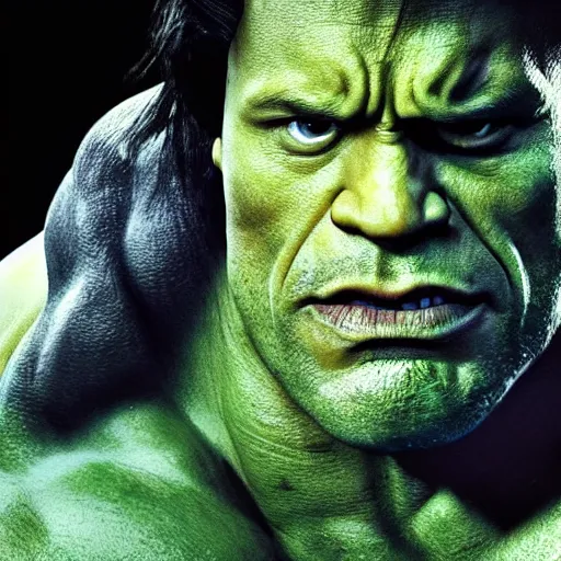 Image similar to dwayne johnson as incredible hulk, marvel cinematic universe, mcu, 4 k, raw, green skin, in - frame,