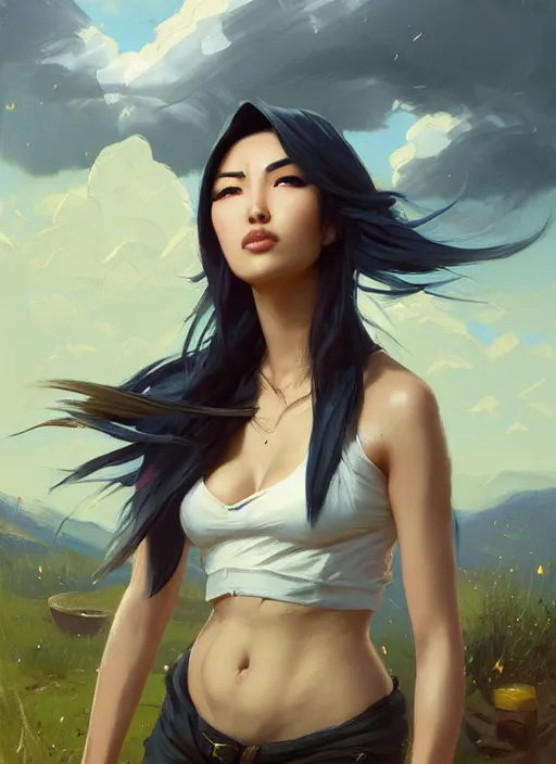 Image similar to portrait of Akali from League of Legends after work, countryside, calm, fantasy character portrait, dynamic pose, above view, view from above, sunny day, thunder clouds in the sky, artwork by Jeremy Lipkin and Giuseppe Dangelico Pino and Michael Garmash and Rob Rey, very coherent symmetrical artwork, sharp edges, perfect face, simple form, 100mm