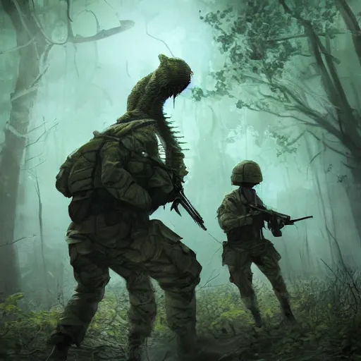 Image similar to found footage of a soldier and his squad fighting an unidentified monster, horror, dark, realistic style, concept art, trending, forest, first person view, high detail, high resolution