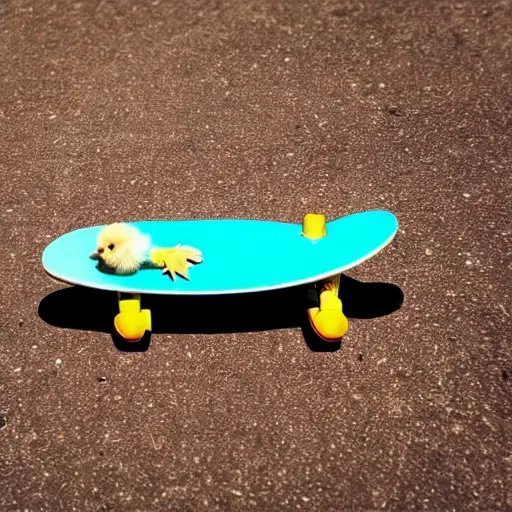 Image similar to a baby chick riding a skateboard