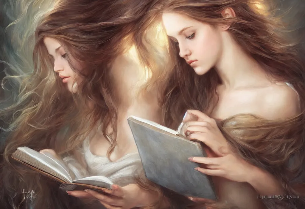 Image similar to a girl reading a book, hair flowing down, 8 k, hyperrealistic, hyperdetailed, fantasy portrait by laura sava, singular woman