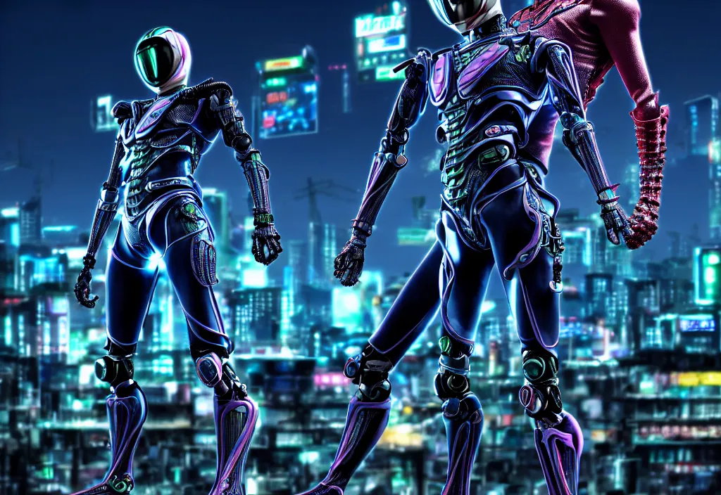 Prompt: kamen rider action pose, with cyberlook belt, human structure concept art, human anatomy, full body hero, intricate detail, hyperrealistic art and illustration by maxx soul and irakli nadar, global illumination, blurry and sharp focus, on tokyo cyberpunk night rooftop, frostbite engine