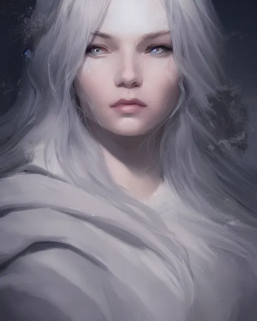 Image similar to portrait of a beautiful snow goddess, flowy white grey hair, grey eyes, cinematic lighting, highly detailed, digital painting, trending on artstation, pixiv, concept art, sharp focus, illustration, art by ross tran and wlop