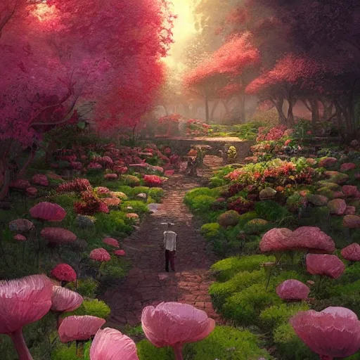 Prompt: a marc simonetti fantasy illustration of a blooming garden, 8k