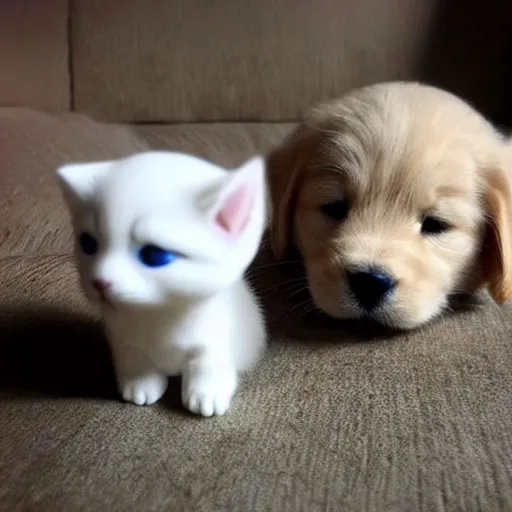 Image similar to A tiny golden retriever puppy and a very tiny white kitten, artstation