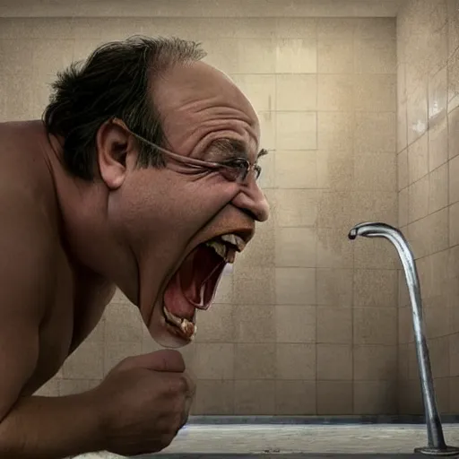 Prompt: hyperrealistic mixed media high resolution image of Danny DeVito angrily screaming into a urinal, stunning 3d render inspired art by István Sándorfi and Greg Rutkowski and Unreal Engine, perfect symmetry, dim volumetric lighting, 8k octane beautifully detailed render, post-processing, extremely hyper-detailed, intricate, epic composition, highly detailed attributes, highly detailed atmosphere, full body shot, cinematic lighting, masterpiece, trending on artstation, very very detailed, masterpiece, stunning, flawless structure, lifelike texture, perfection,