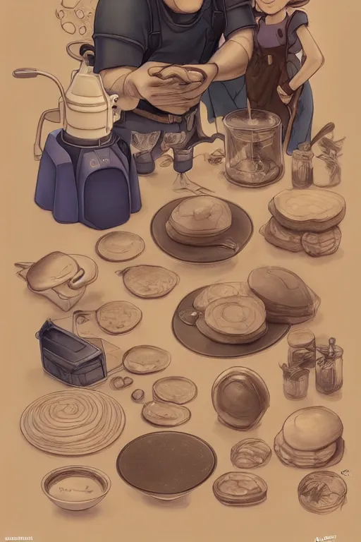 Image similar to of making pancakes, animation pixar style, by pendleton ward, magali villeneuve, artgerm, rob rey and kentaro miura style, golden ratio, trending on art station