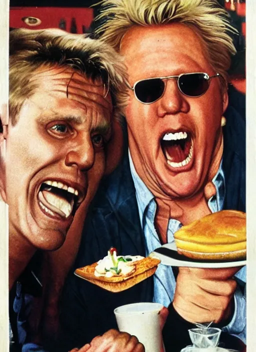 Prompt: gary busey is presented with the worst kind of food in a cafe and vows to eat the chef, by rick berry and norman rockwell