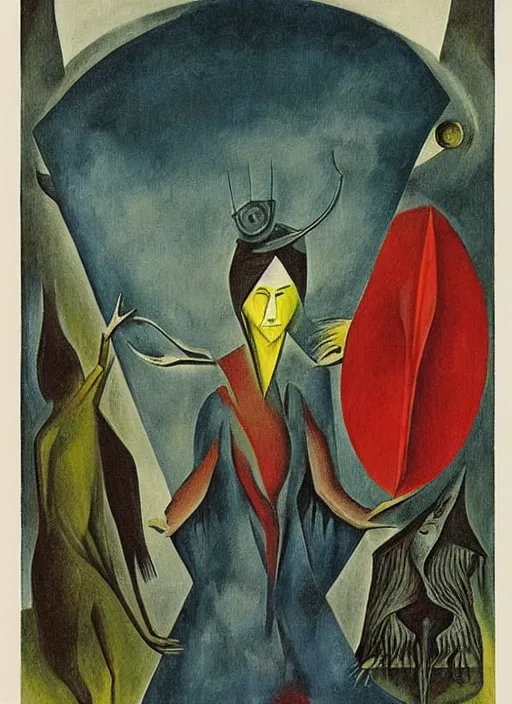 Image similar to tarot card by leonora carrington and max ernst, in the style of a 6 0's ad illustration, flat style : :