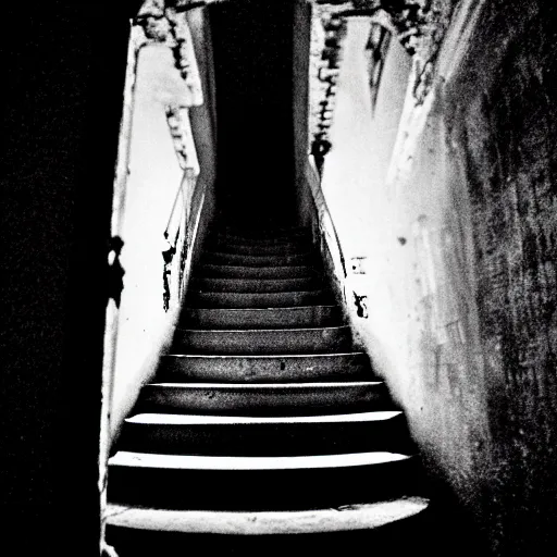 Image similar to grainy photograph of a dark and dilapidated staircase, positioned at the bottom step looking up the staircase, a ghost that looks like 2 1 savage in the darkness at the top of the stairs